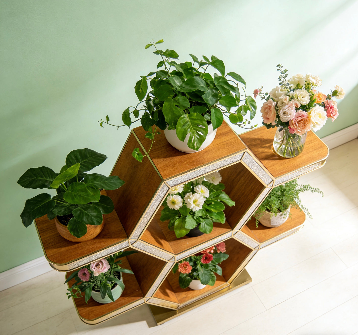 Aurelian Hexaflora Plant Stand: A Gilded Geometric Canvas for Your Botanical Collection