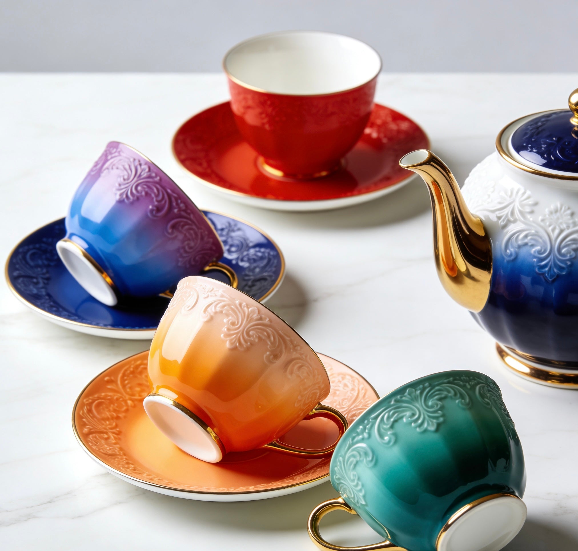 Vintage Ombre  Ceramic Tea Set With Gradient Color Block Design & Gold Trim For Stylish Afternoon Tea & Modern Home Entertaining