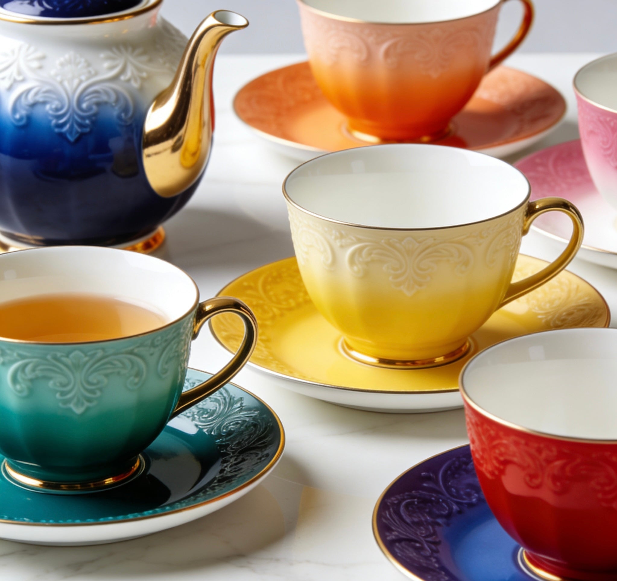 Vintage Ombre  Ceramic Tea Set With Gradient Color Block Design & Gold Trim For Stylish Afternoon Tea & Modern Home Entertaining