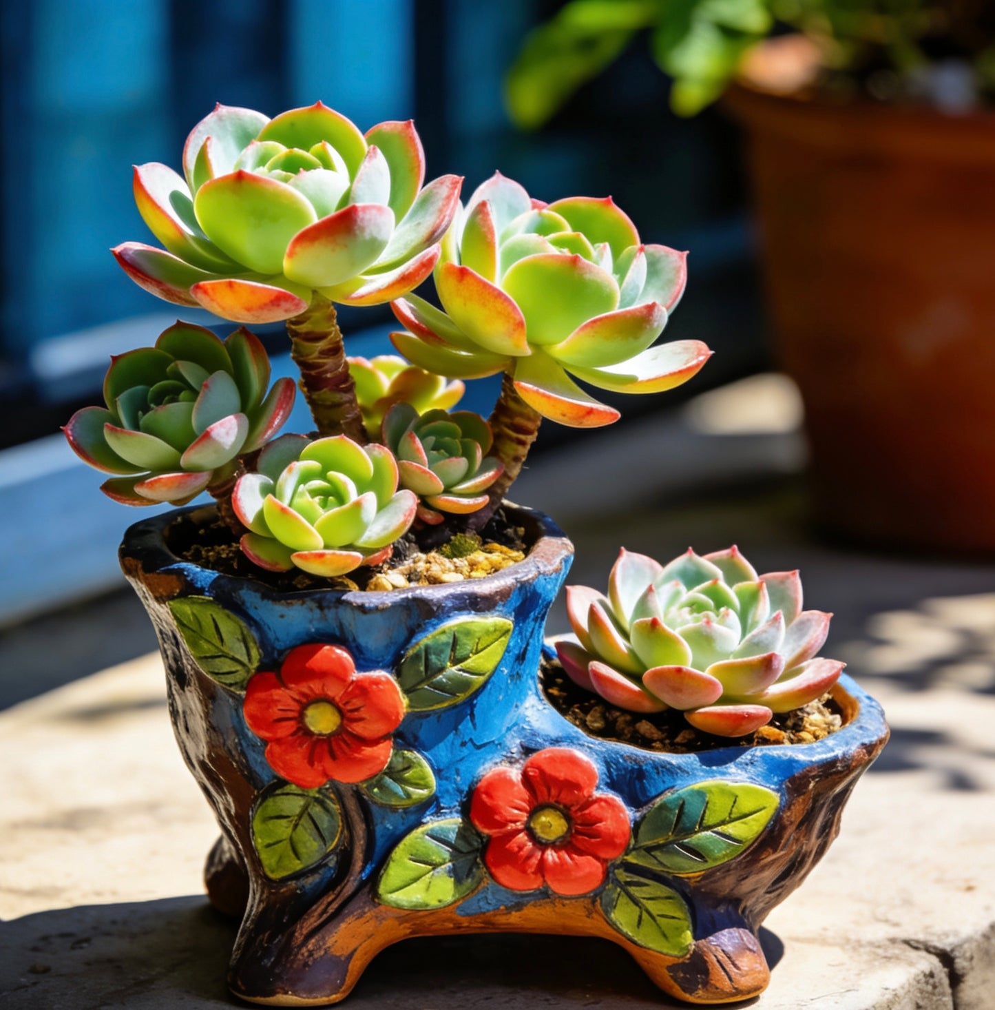 Vibrant Hand-Painted Floral Ceramic Succulent Planter – Dual-Well Artisanal Pot for Elevated Plant Displays