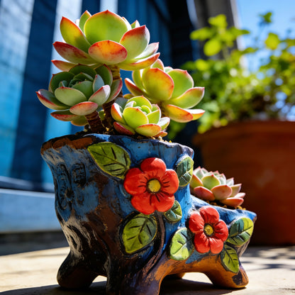 Vibrant Hand-Painted Floral Ceramic Succulent Planter – Dual-Well Artisanal Pot for Elevated Plant Displays