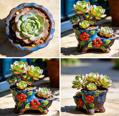 Vibrant Hand-Painted Floral Ceramic Succulent Planter – Dual-Well Artisanal Pot for Elevated Plant Displays
