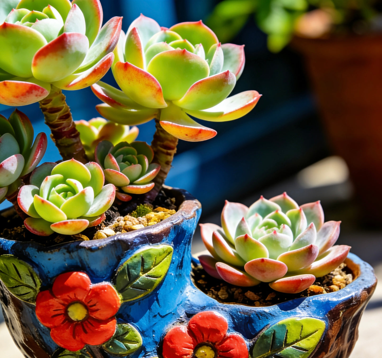 Vibrant Hand-Painted Floral Ceramic Succulent Planter – Dual-Well Artisanal Pot for Elevated Plant Displays