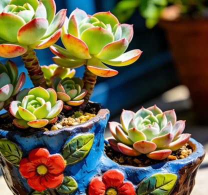Vibrant Hand-Painted Floral Ceramic Succulent Planter – Dual-Well Artisanal Pot for Elevated Plant Displays