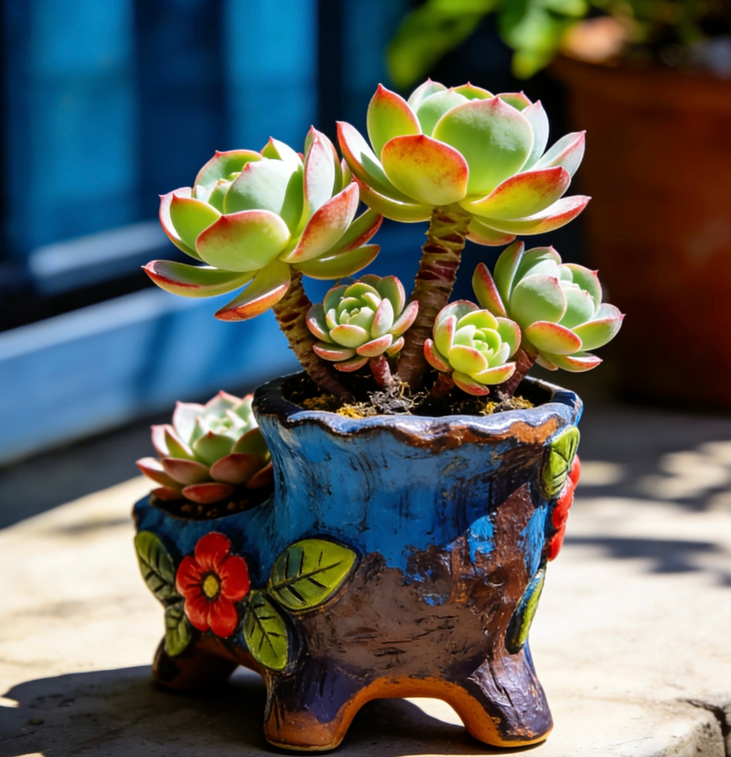 Vibrant Hand-Painted Floral Ceramic Succulent Planter – Dual-Well Artisanal Pot for Elevated Plant Displays
