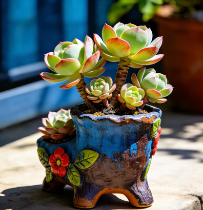 Vibrant Hand-Painted Floral Ceramic Succulent Planter – Dual-Well Artisanal Pot for Elevated Plant Displays