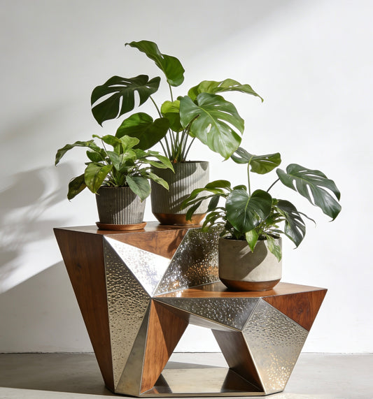 Apex Geometric Plant Stand: Sculptural Fusion of Wood & Metal for Modern Botanicals