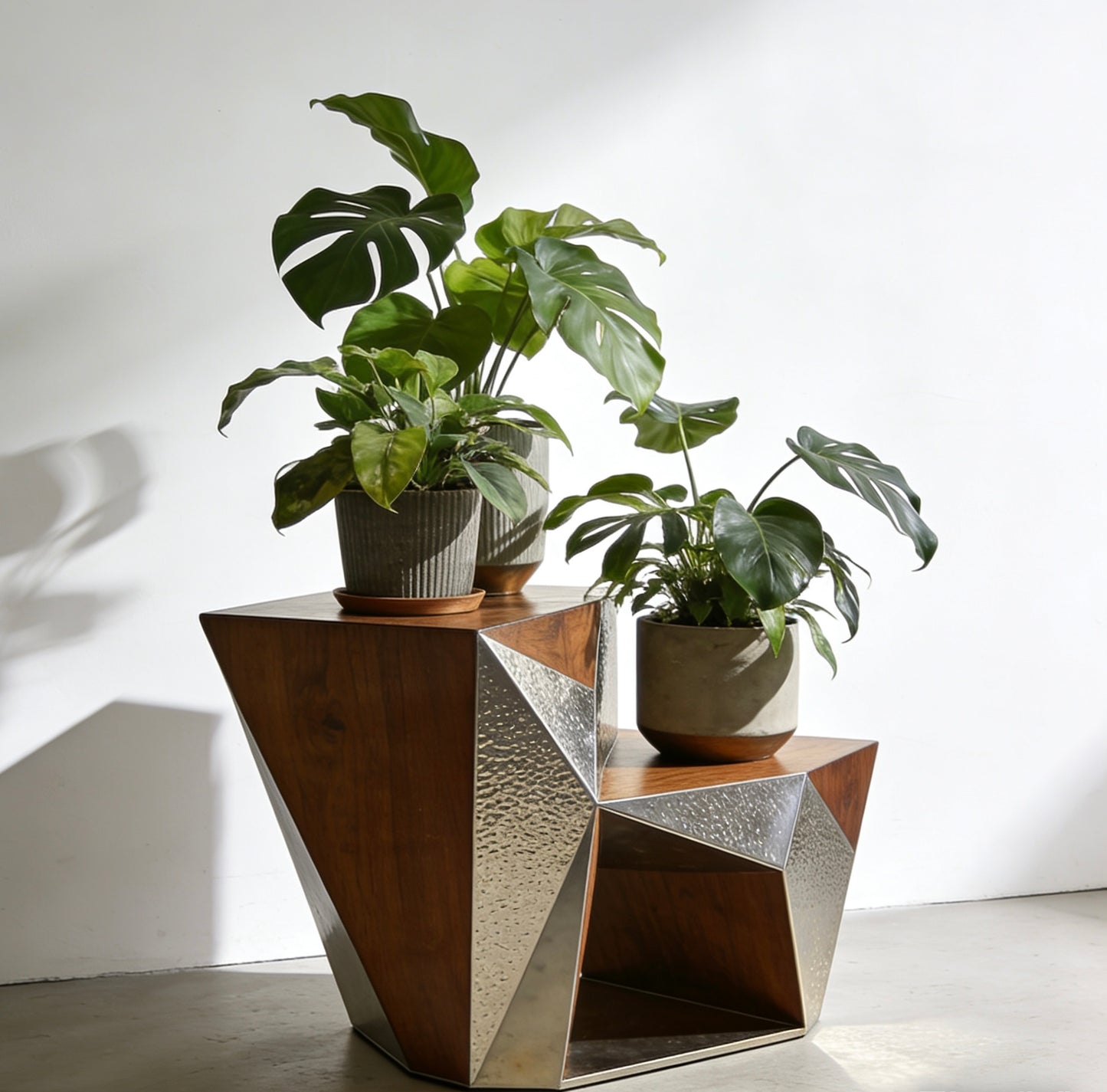 Apex Geometric Plant Stand: Sculptural Fusion of Wood & Metal for Modern Botanicals