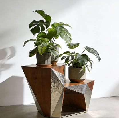 Apex Geometric Plant Stand: Sculptural Fusion of Wood & Metal for Modern Botanicals