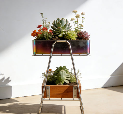 Iridescent Duo Elevated Planter: A Living Canvas of Color & Craft