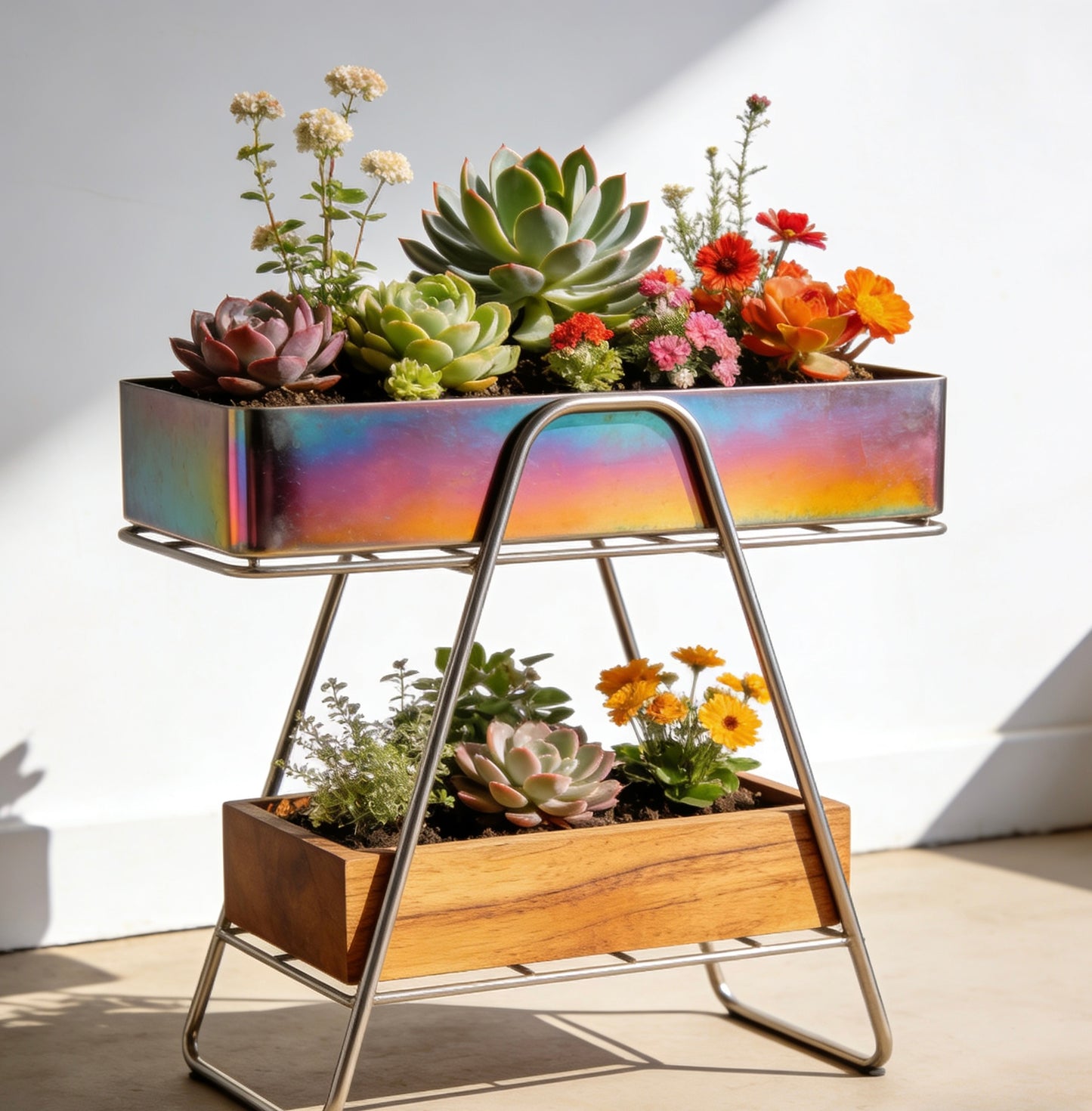 Iridescent Duo Elevated Planter: A Living Canvas of Color & Craft