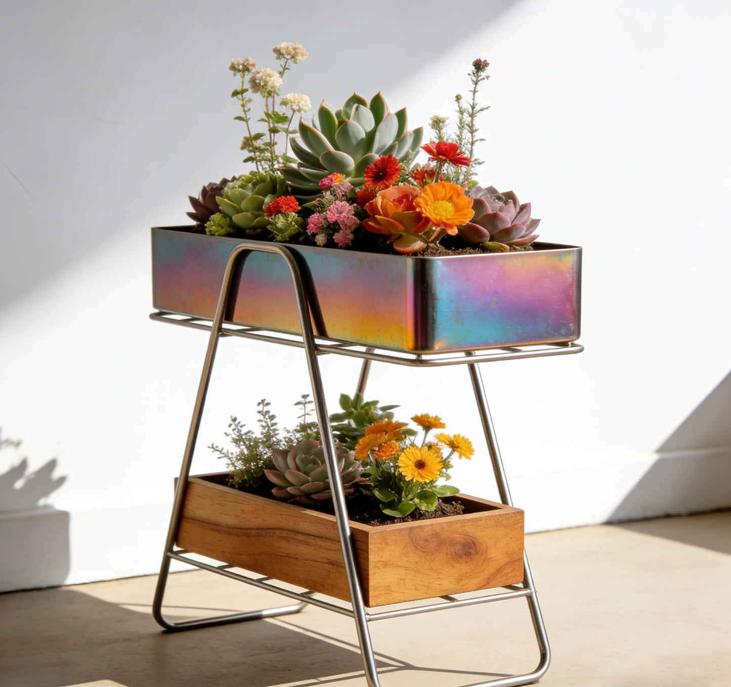 Iridescent Duo Elevated Planter: A Living Canvas of Color & Craft