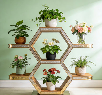 Aurelian Hexaflora Plant Stand: A Gilded Geometric Canvas for Your Botanical Collection