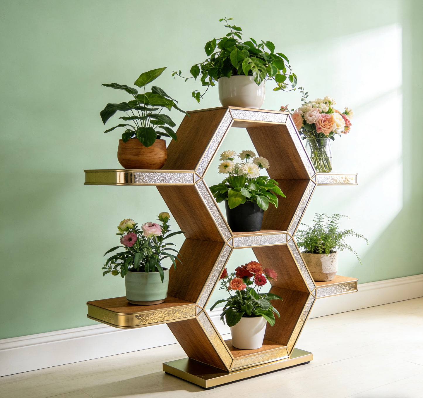 Aurelian Hexaflora Plant Stand: A Gilded Geometric Canvas for Your Botanical Collection