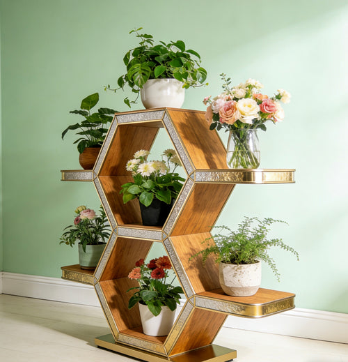 Aurelian Hexaflora Plant Stand: A Gilded Geometric Canvas for Your Botanical Collection