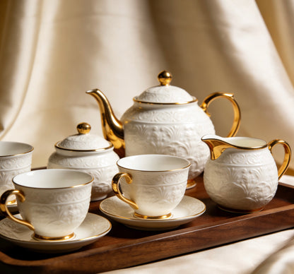 Elegant  White Ceramic Gold Trimmed Handcrafted Tea Set With Intricate Floral Carvings For Luxury Afternoon Tea & Home Entertaining