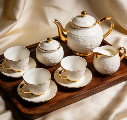Elegant  White Ceramic Gold Trimmed Handcrafted Tea Set With Intricate Floral Carvings For Luxury Afternoon Tea & Home Entertaining