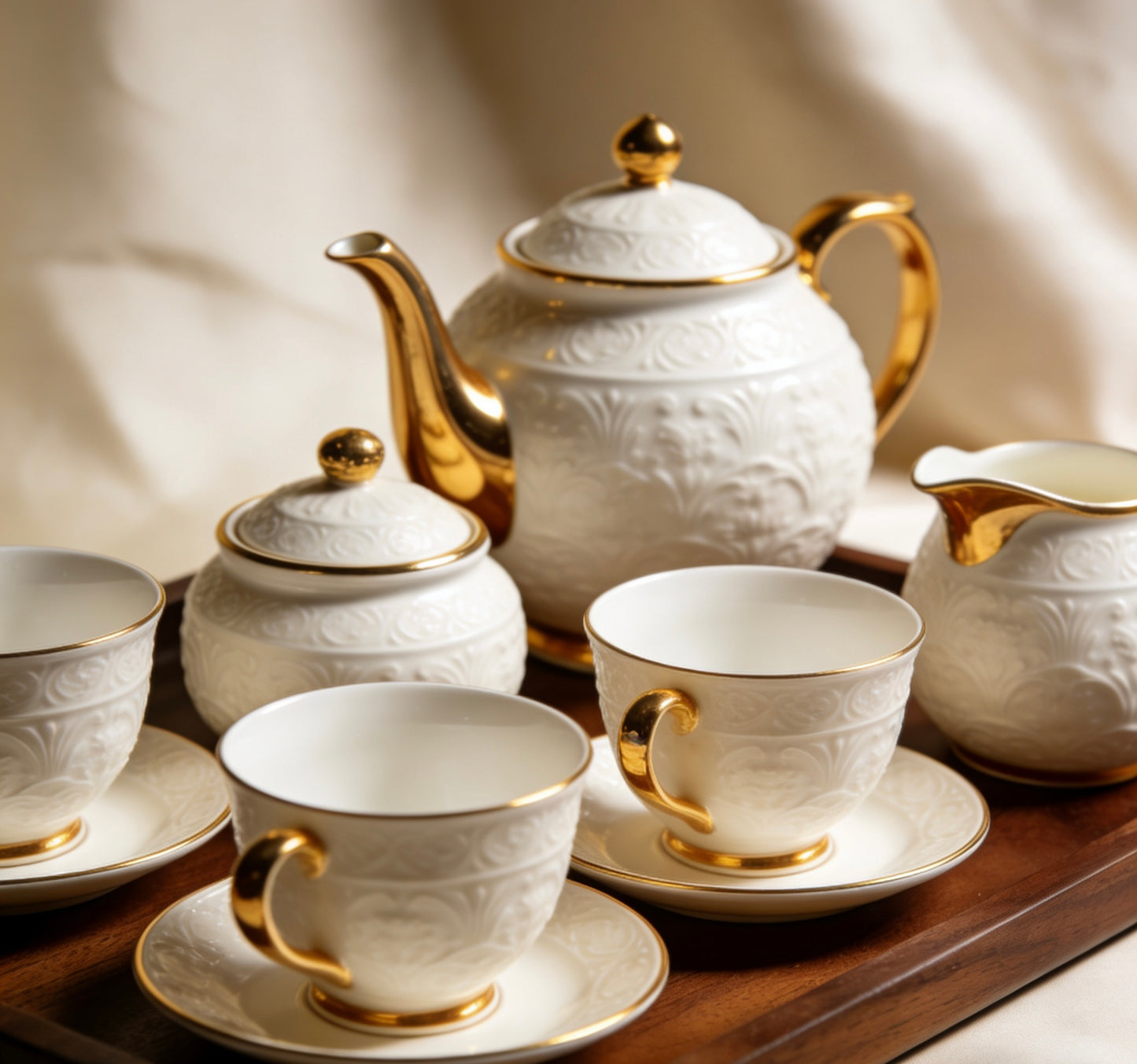 Elegant  White Ceramic Gold Trimmed Handcrafted Tea Set With Intricate Floral Carvings For Luxury Afternoon Tea & Home Entertaining