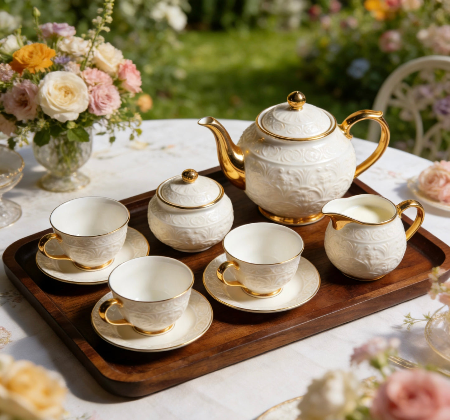 Elegant  White Ceramic Gold Trimmed Handcrafted Tea Set With Intricate Floral Carvings For Luxury Afternoon Tea & Home Entertaining