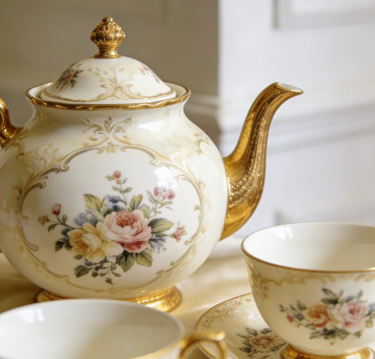 Vintage Floral  Gold Trimmed Ceramic Tea Set With Hand-Painted Rose Patterns For Classic Afternoon Tea & Elegant Home Dining