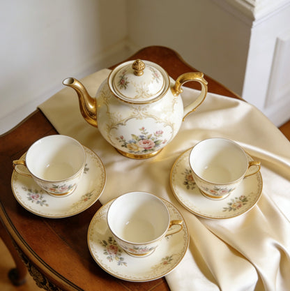 Vintage Floral  Gold Trimmed Ceramic Tea Set With Hand-Painted Rose Patterns For Classic Afternoon Tea & Elegant Home Dining
