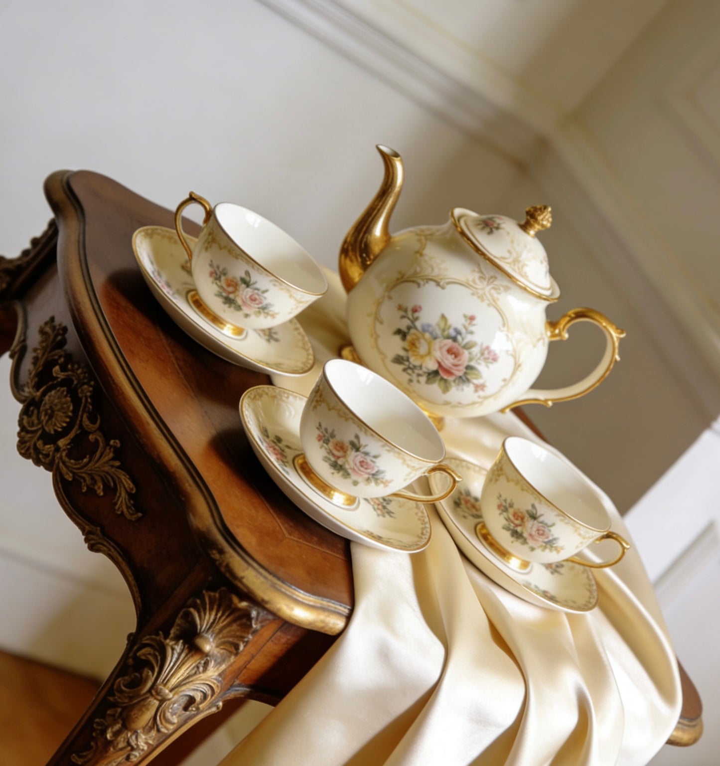 Vintage Floral  Gold Trimmed Ceramic Tea Set With Hand-Painted Rose Patterns For Classic Afternoon Tea & Elegant Home Dining