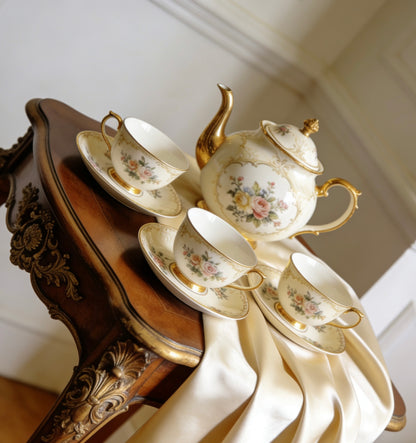 Vintage Floral  Gold Trimmed Ceramic Tea Set With Hand-Painted Rose Patterns For Classic Afternoon Tea & Elegant Home Dining