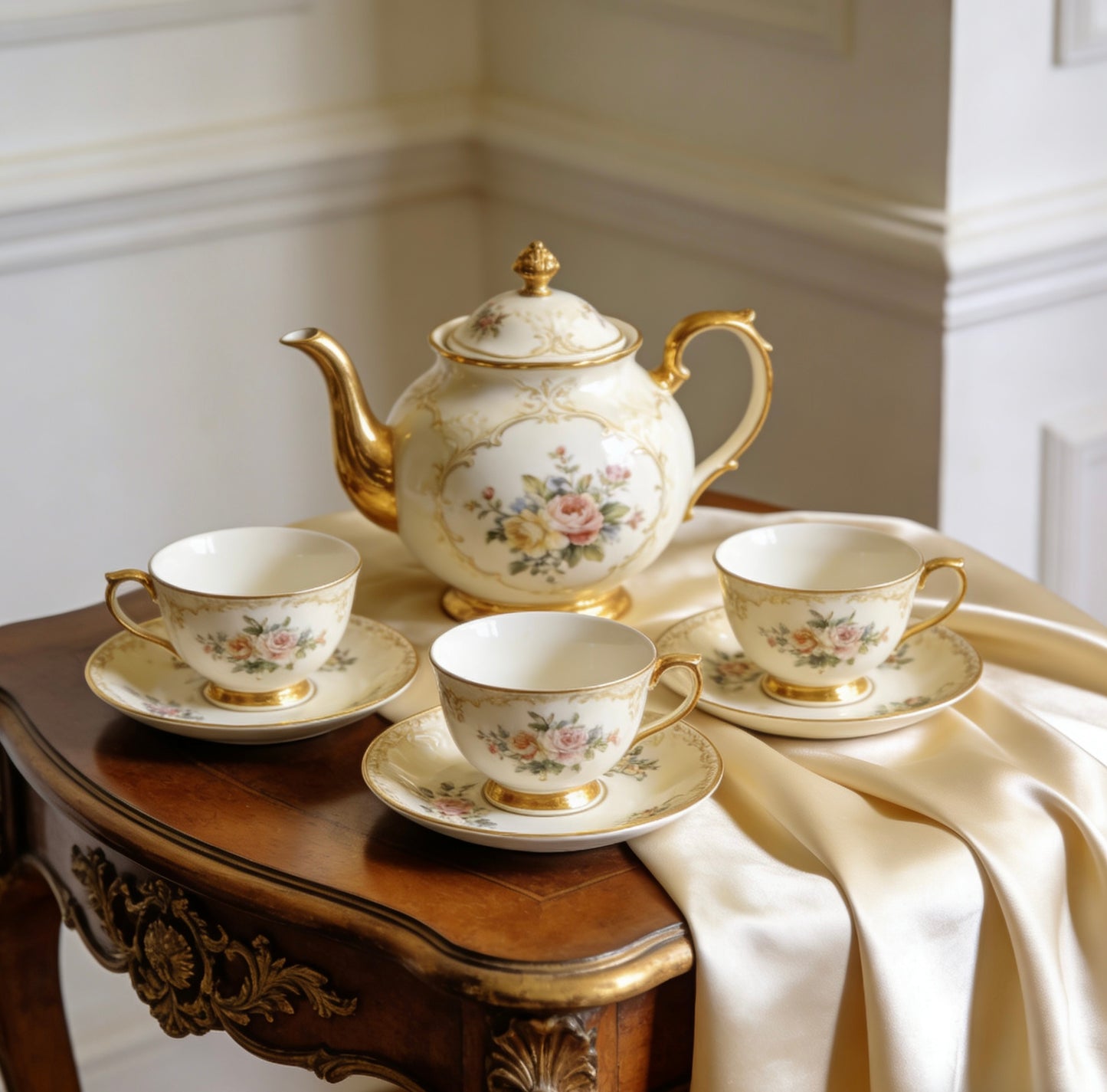 Vintage Floral  Gold Trimmed Ceramic Tea Set With Hand-Painted Rose Patterns For Classic Afternoon Tea & Elegant Home Dining