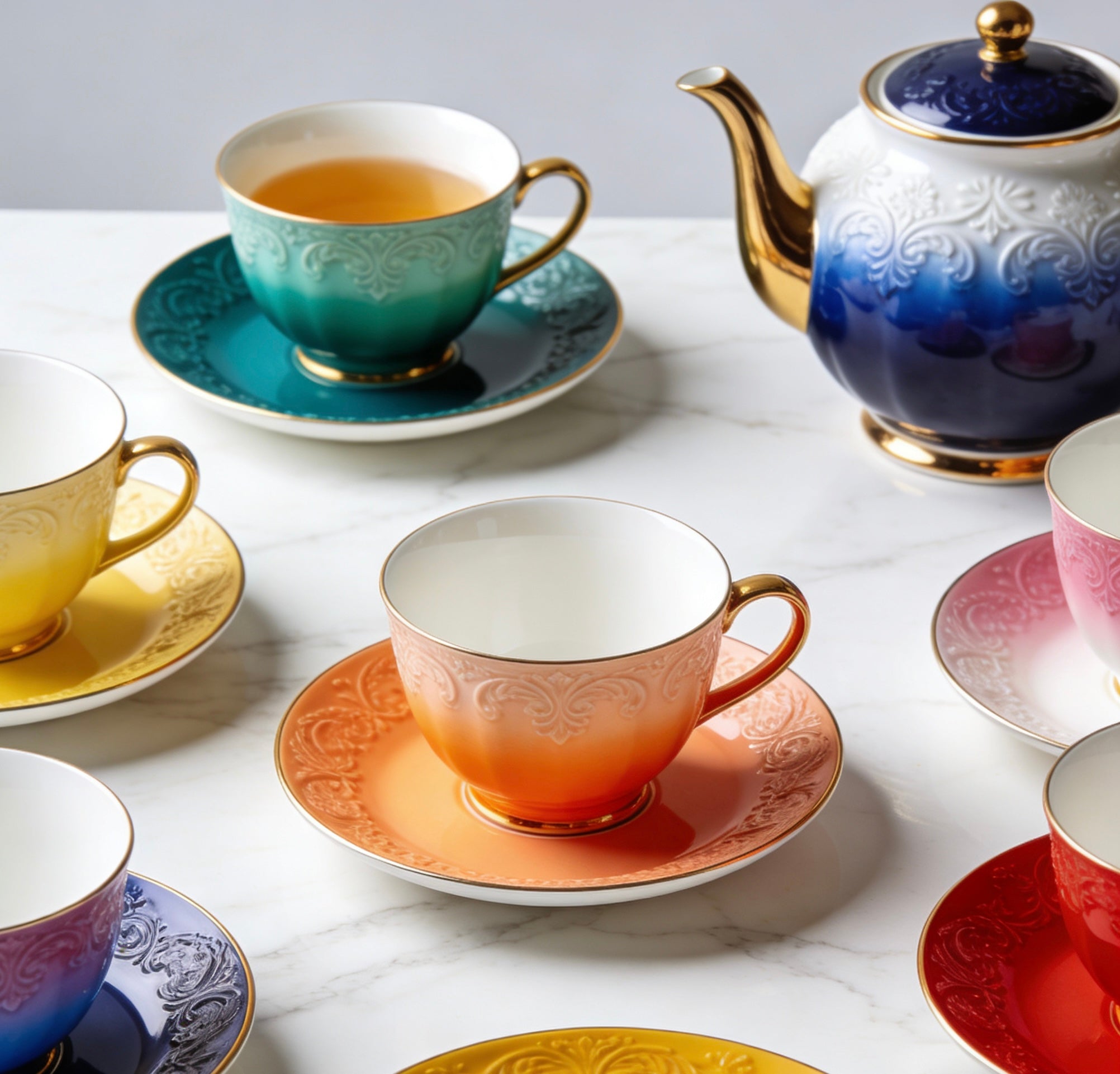 Vintage Ombre  Ceramic Tea Set With Gradient Color Block Design & Gold Trim For Stylish Afternoon Tea & Modern Home Entertaining