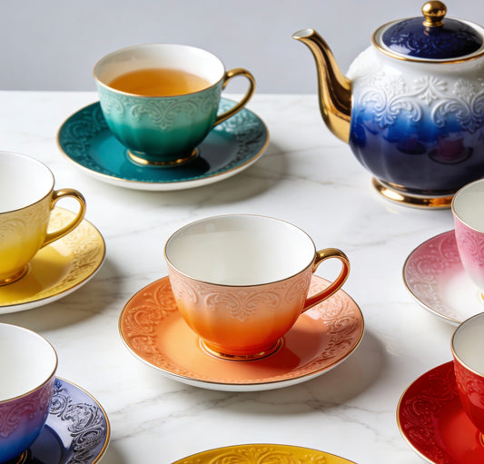Vintage Ombre  Ceramic Tea Set With Gradient Color Block Design & Gold Trim For Stylish Afternoon Tea & Modern Home Entertaining