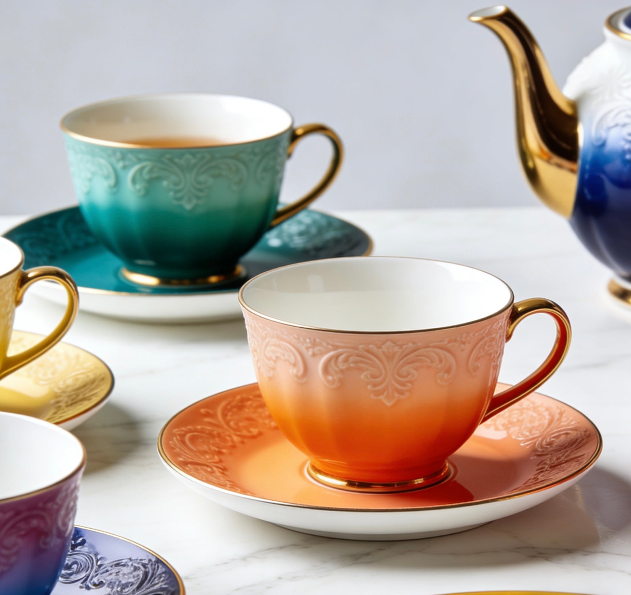 Vintage Ombre  Ceramic Tea Set With Gradient Color Block Design & Gold Trim For Stylish Afternoon Tea & Modern Home Entertaining