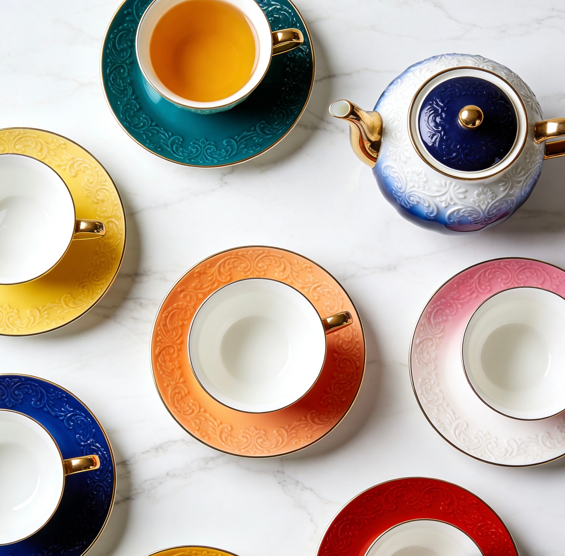 Vintage Ombre  Ceramic Tea Set With Gradient Color Block Design & Gold Trim For Stylish Afternoon Tea & Modern Home Entertaining