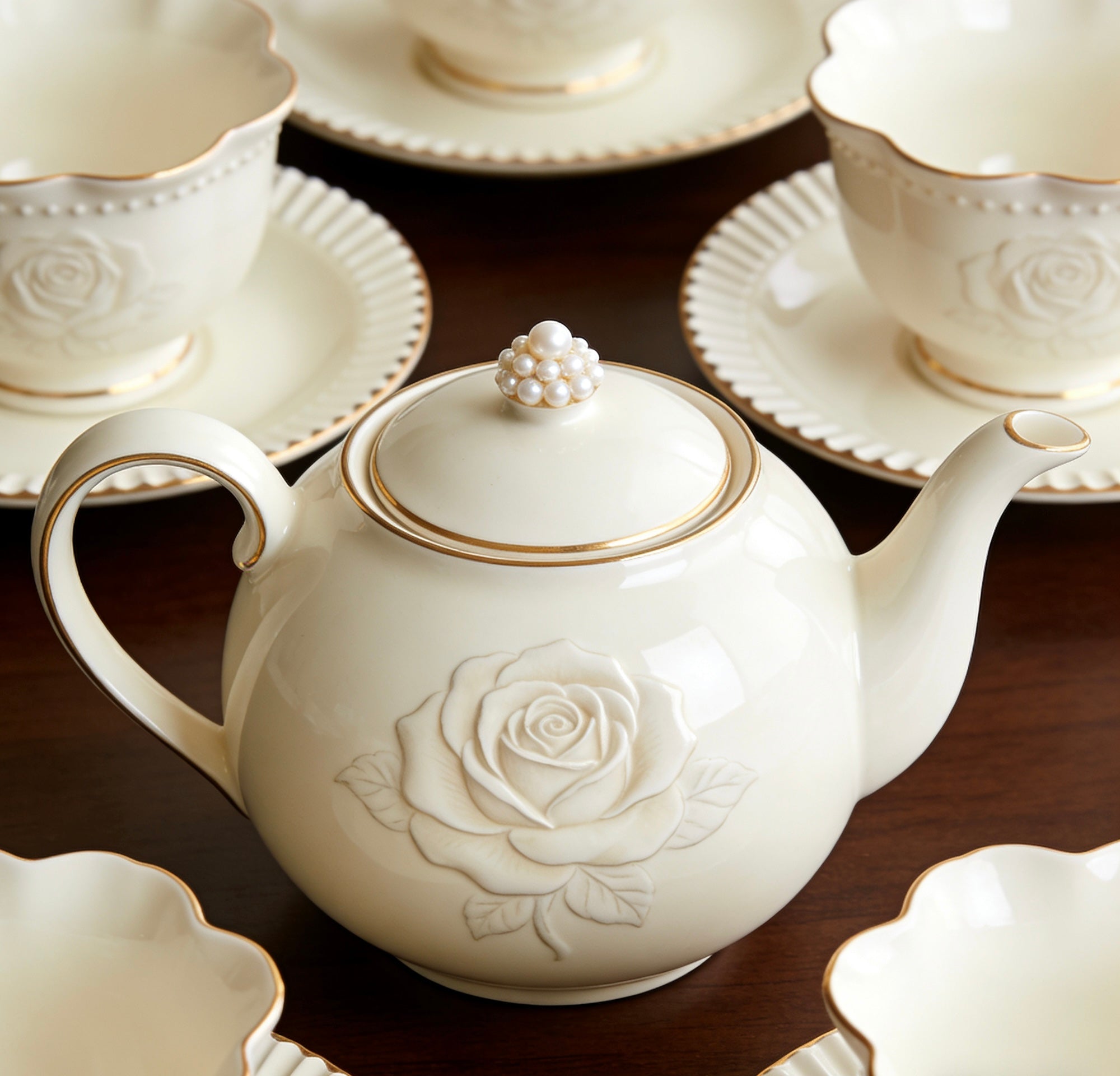 Luxury Hand-Engraved Rose Ceramic Tea Set With Pearl Accent & Gold Trim For Elegant Tea Time & Home Entertaining