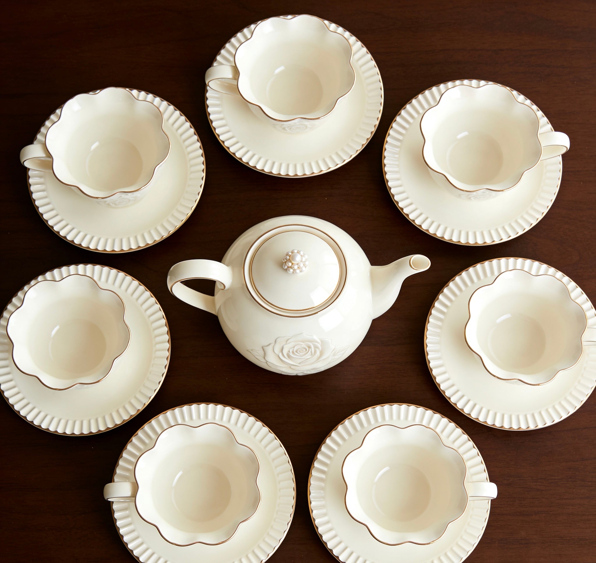 Luxury Hand-Engraved Rose Ceramic Tea Set With Pearl Accent & Gold Trim For Elegant Tea Time & Home Entertaining