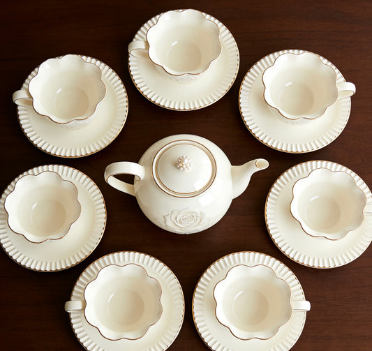 Luxury Hand-Engraved Rose Ceramic Tea Set With Pearl Accent & Gold Trim For Elegant Tea Time & Home Entertaining