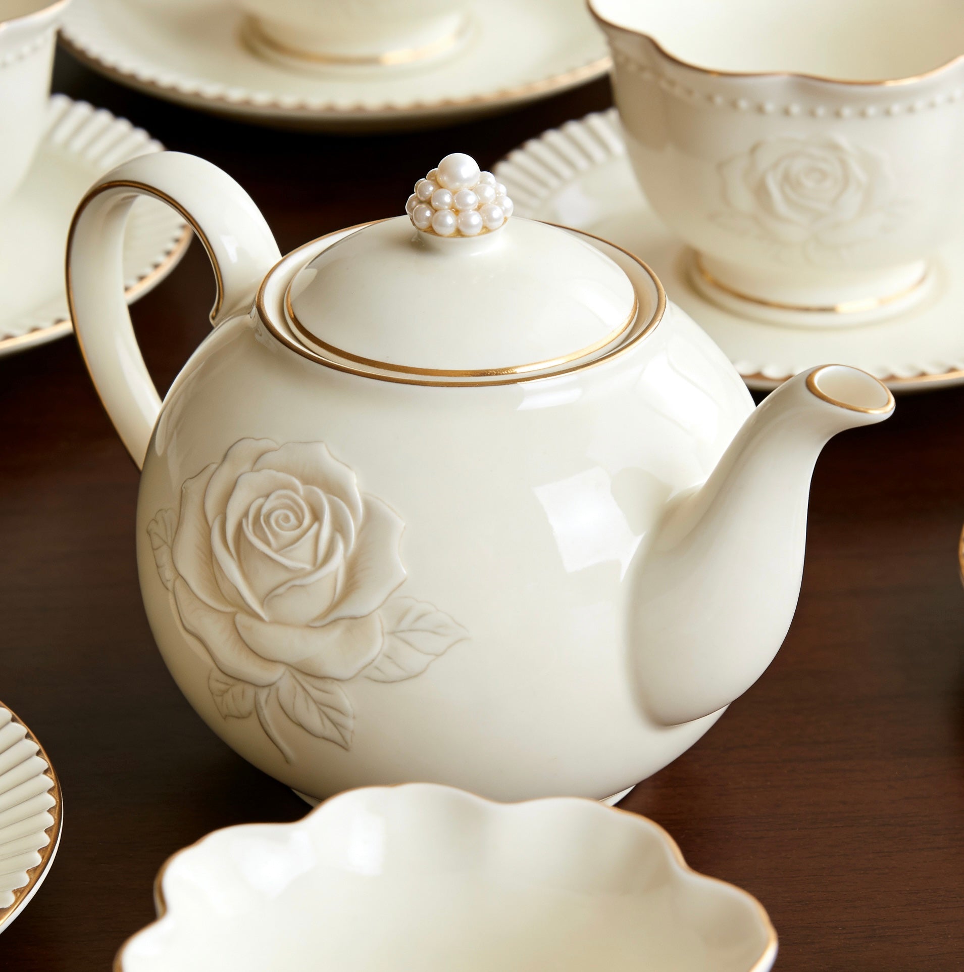 Luxury Hand-Engraved Rose Ceramic Tea Set With Pearl Accent & Gold Trim For Elegant Tea Time & Home Entertaining