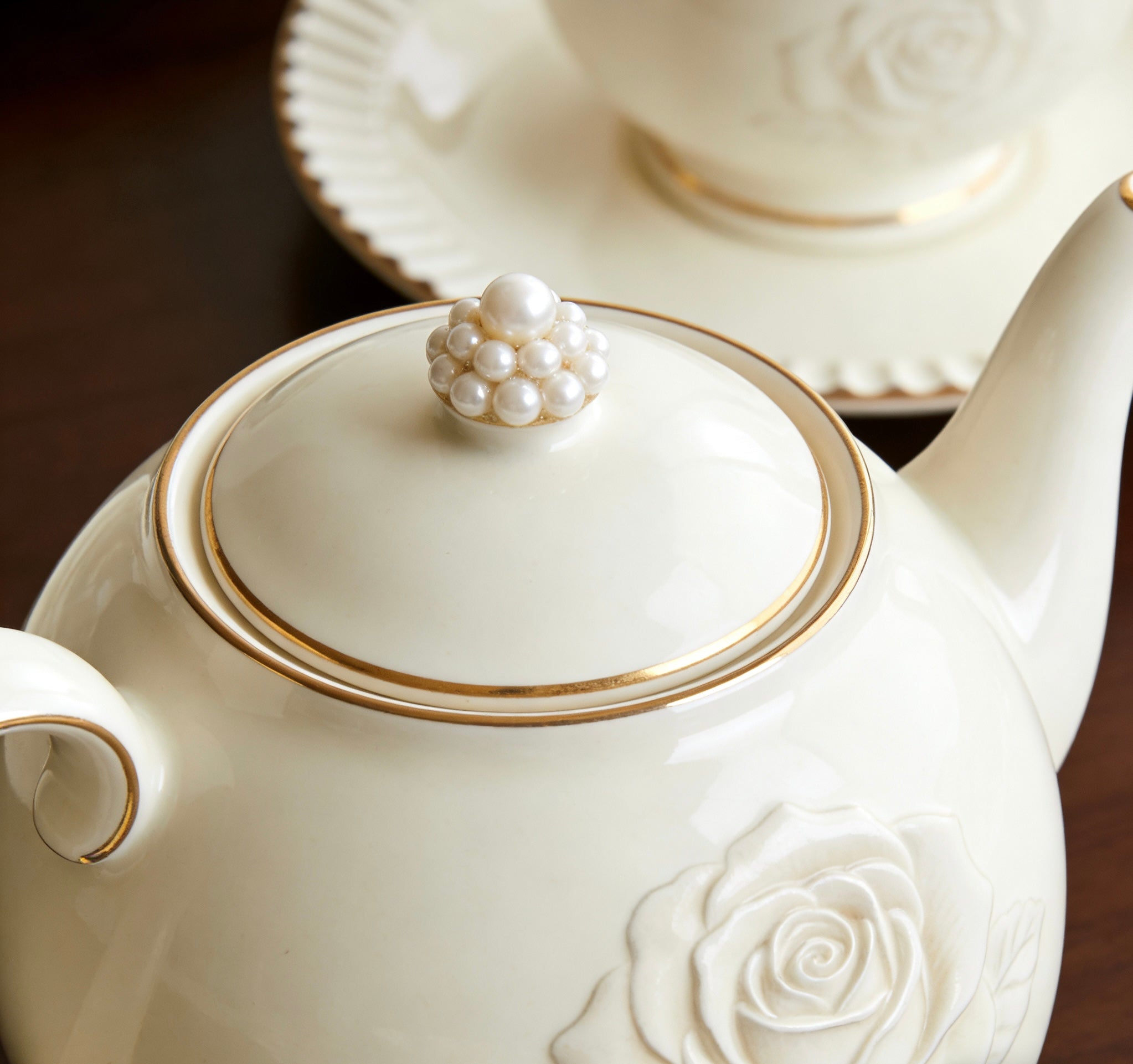 Luxury Hand-Engraved Rose Ceramic Tea Set With Pearl Accent & Gold Trim For Elegant Tea Time & Home Entertaining