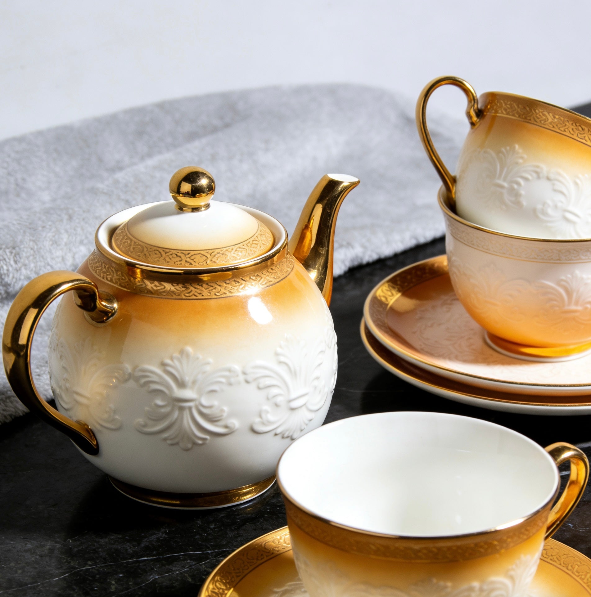 Elegant Classic Floral Carved Ceramic Tea Set With Polished Gold Trim For Timeless Tea Time & Sophisticated Home Dining