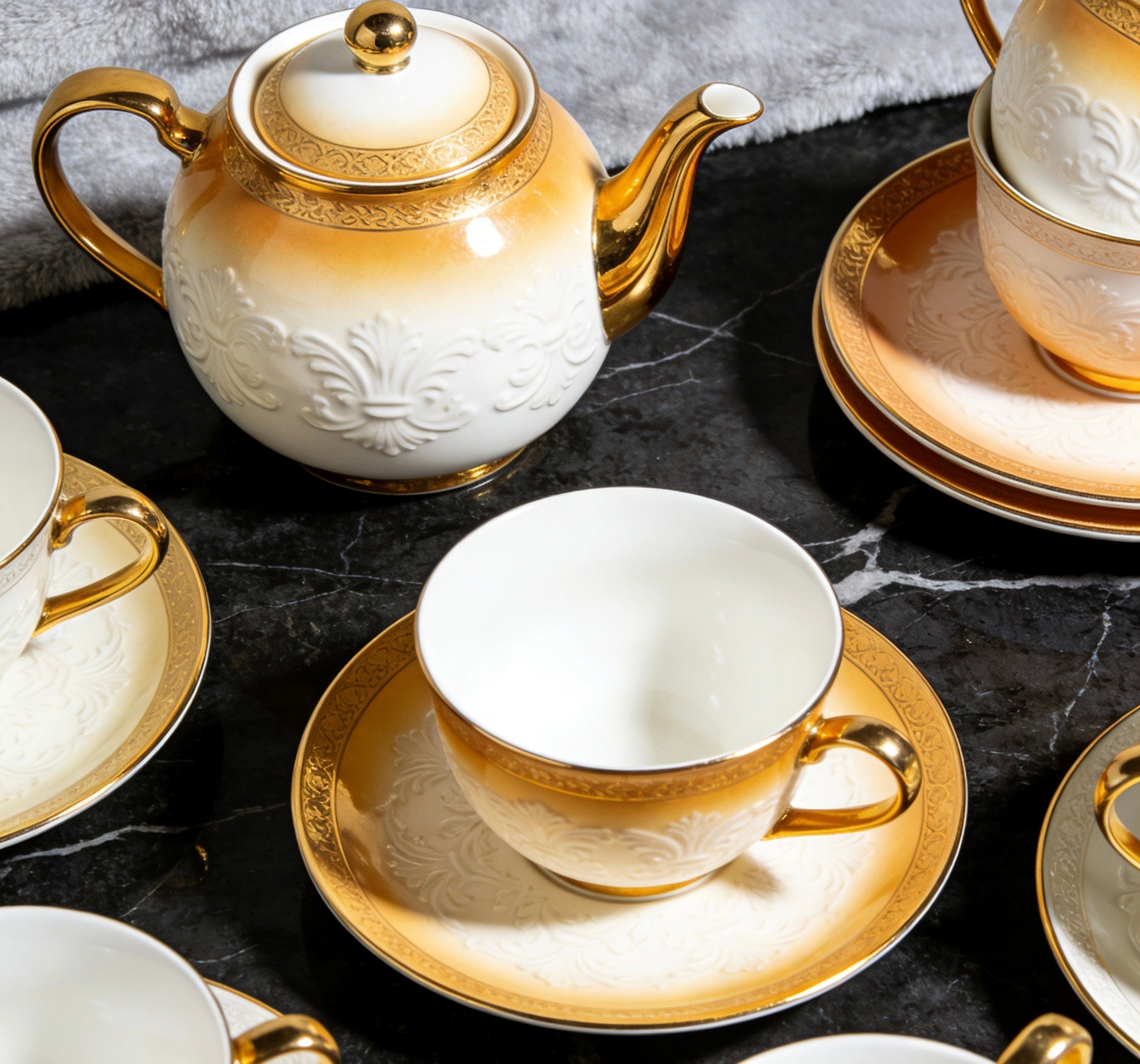 Elegant Classic Floral Carved Ceramic Tea Set With Polished Gold Trim For Timeless Tea Time & Sophisticated Home Dining