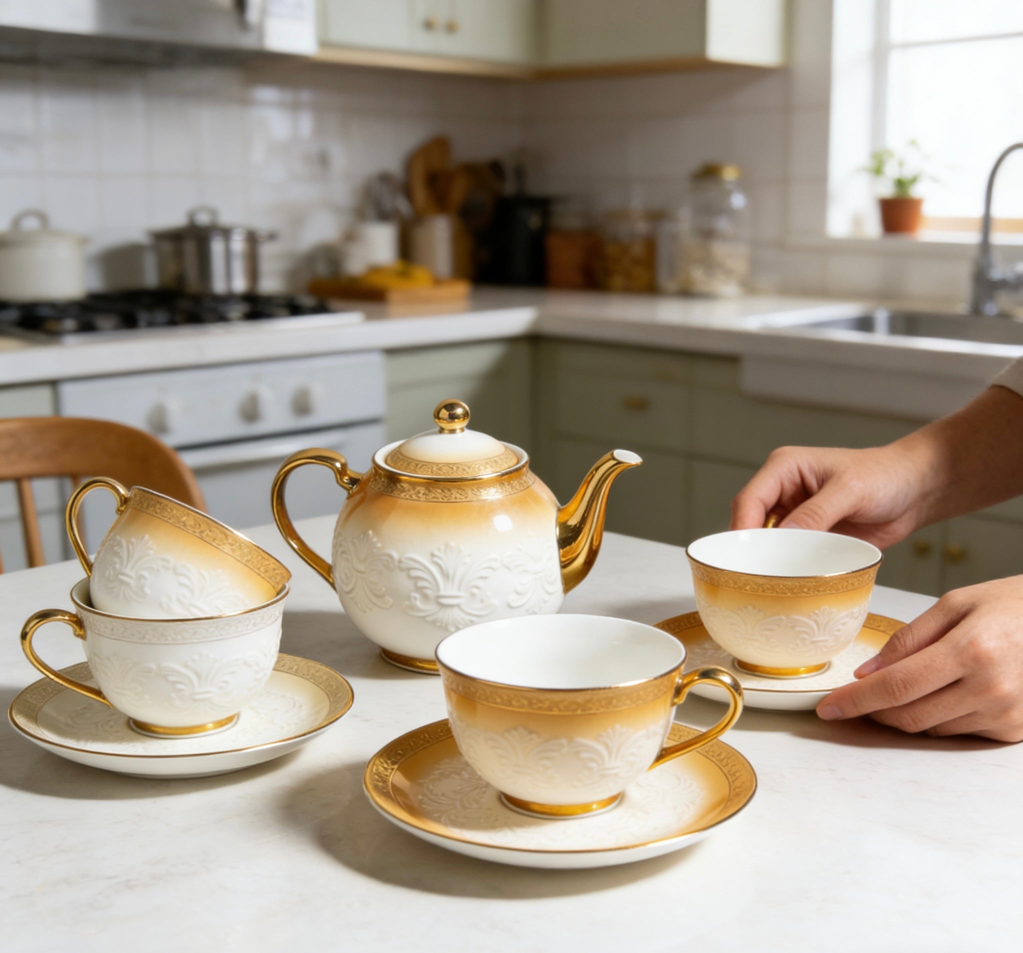 Elegant Classic Floral Carved Ceramic Tea Set With Polished Gold Trim For Timeless Tea Time & Sophisticated Home Dining