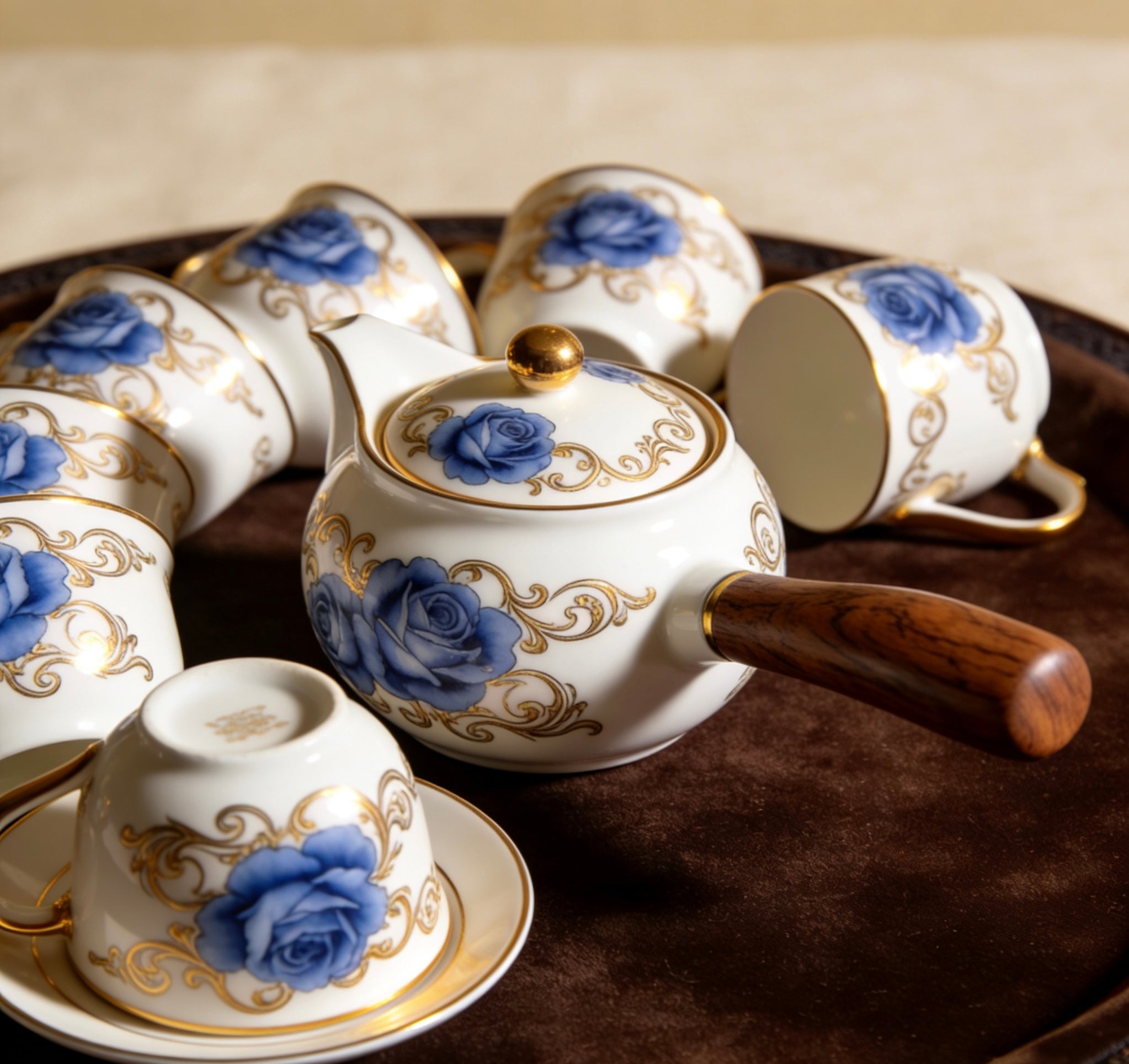 Classic Blue Rose Hand-Engraved Ceramic Tea Set With Warm Wooden Handle & Gold Trim For Elegant Tea Time