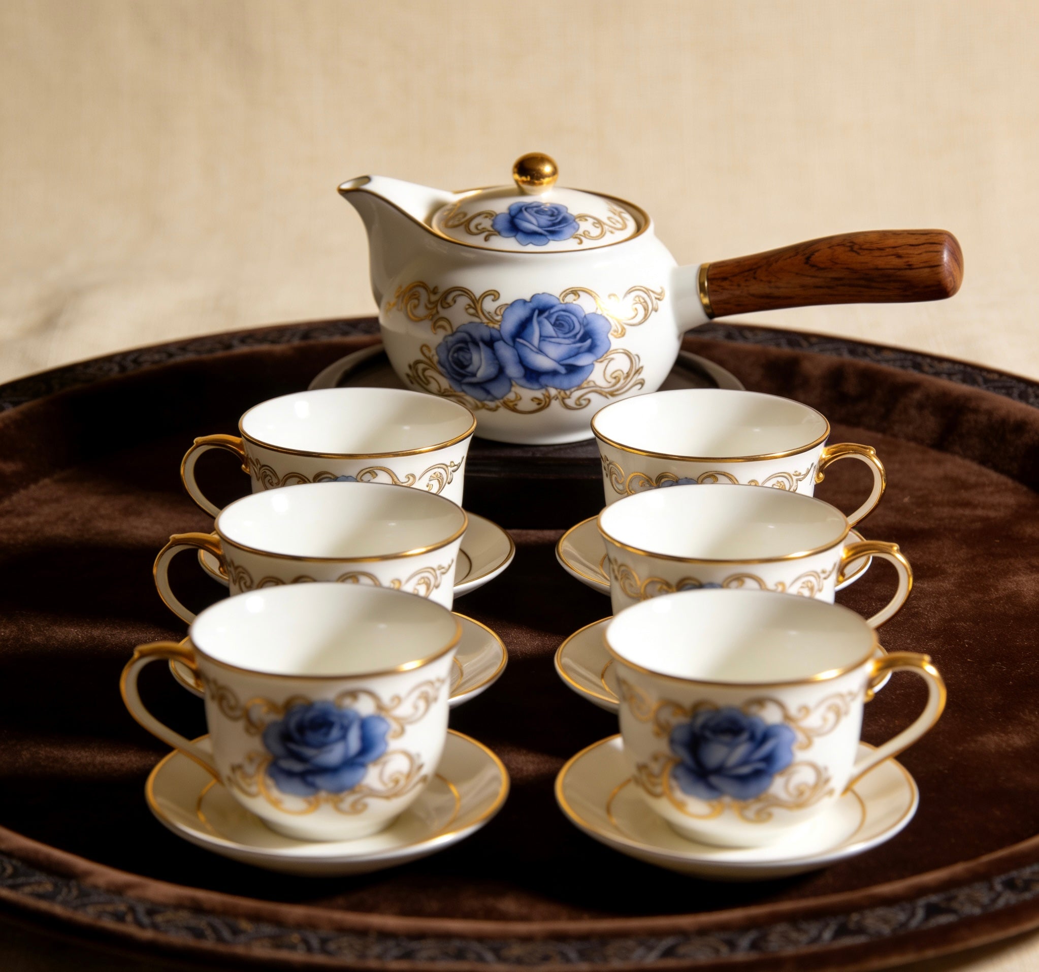 Classic Blue Rose Hand-Engraved Ceramic Tea Set With Warm Wooden Handle & Gold Trim For Elegant Tea Time