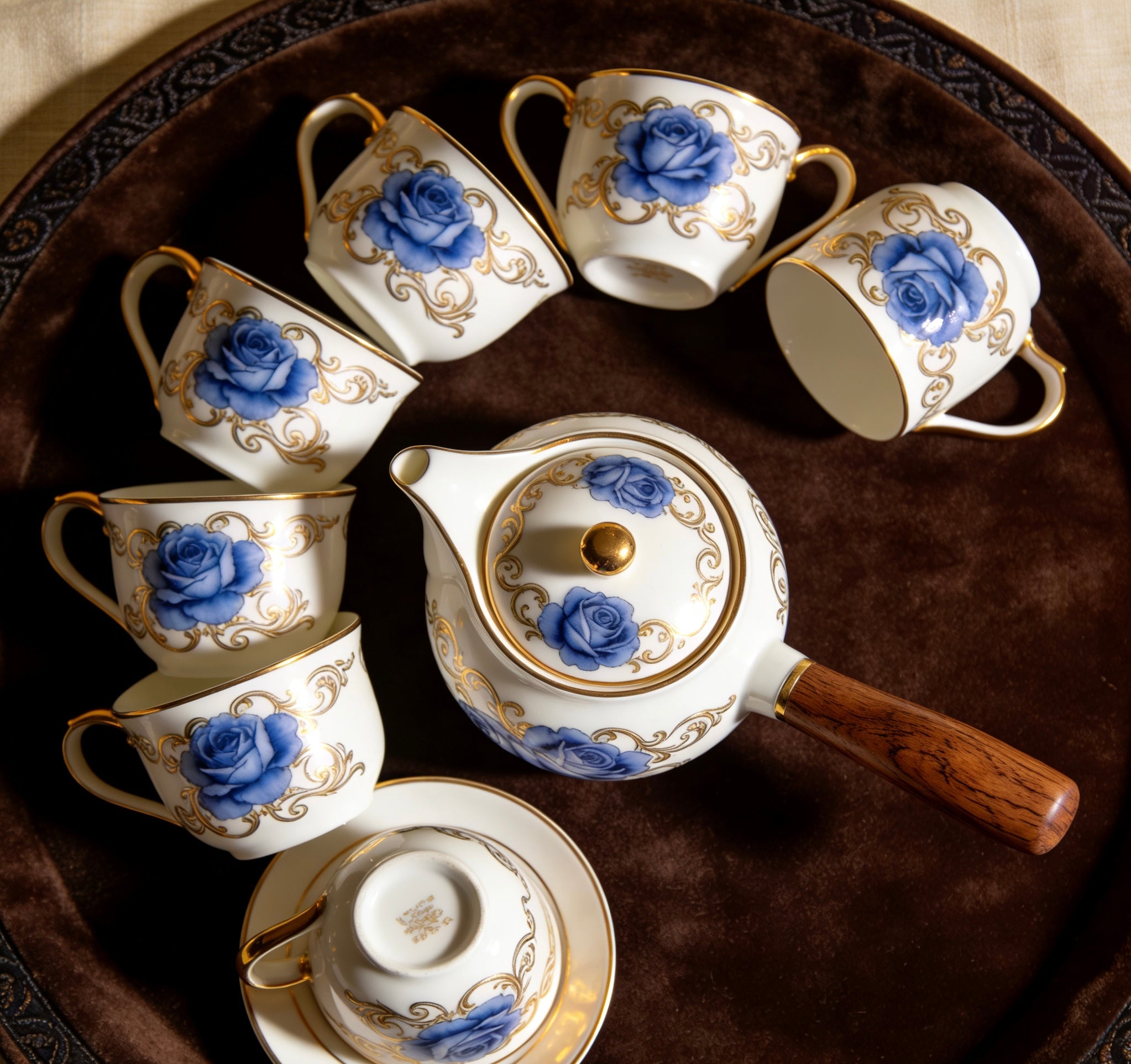 Classic Blue Rose Hand-Engraved Ceramic Tea Set With Warm Wooden Handle & Gold Trim For Elegant Tea Time