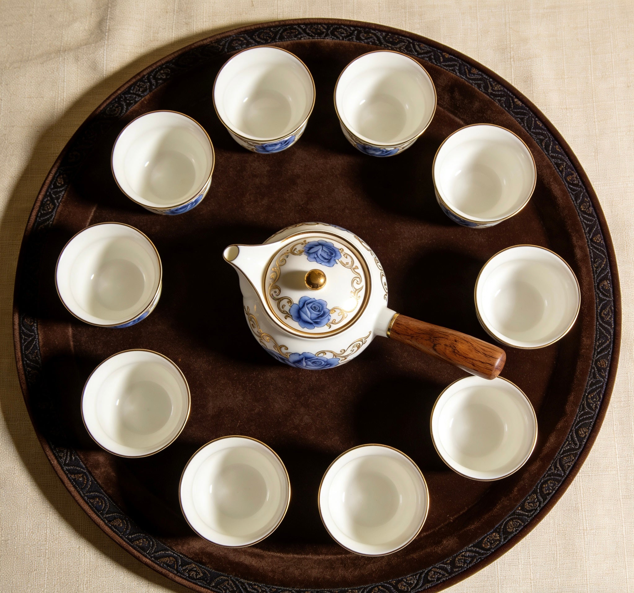 Classic Blue Rose Hand-Engraved Ceramic Tea Set With Warm Wooden Handle & Gold Trim For Elegant Tea Time