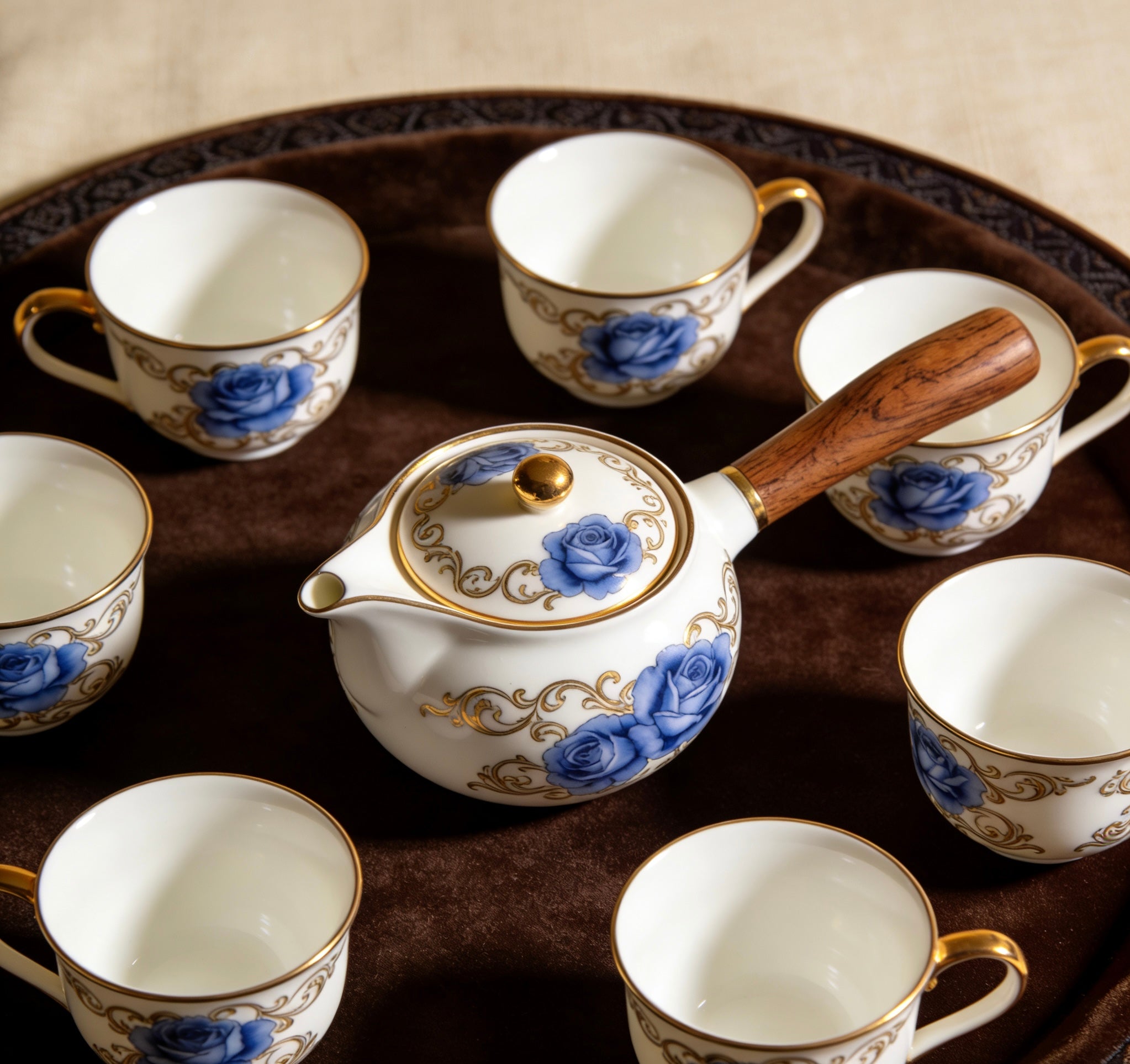 Classic Blue Rose Hand-Engraved Ceramic Tea Set With Warm Wooden Handle & Gold Trim For Elegant Tea Time