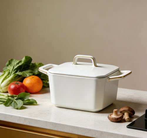 Minimalist Square Sauté Pan With Polished Gold Handles For Modern Kitchens & Versatile Cooking Performance